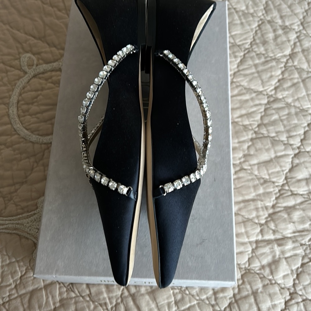 Jimmy Choo Black Satin Pointed Flats with Crystal Cross-Strap Detail - Picture 5 of 8
